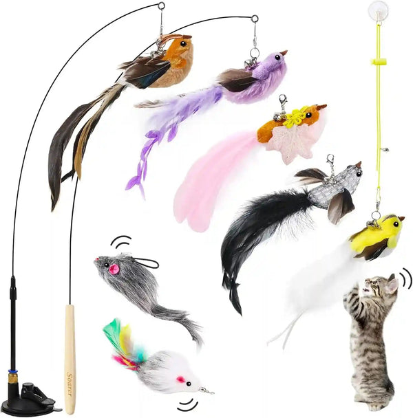 Soarer 4-In-1 Interactive Cat Wand Toy,12Pcs Durable Fishing Pole Cat Feathers Toys Replacements,Enhanced Suction Cup Cat Toy Floor,2 Types Door Hanging Cat String Toys for Indoor Kitten7