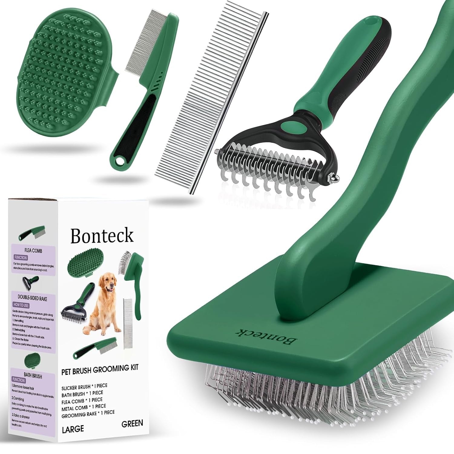 bonteck-dog-slicker-brush-for-dogs-grooming-kit-5pcs-long-haired-doodles-goldendoodles-poodles-skin-friendly-deshedding-comb-and-rake-removes-undercoat-professional-detangling-large-purple
