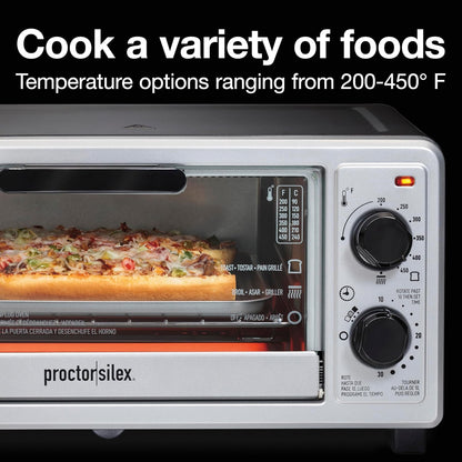 4 Slice Countertop Toaster Oven | Bake, Broil, Toast | 200-450⁰F Adjustable Temp | 30 Minute Timer | Automatic Shutoff | Black and Silver | 31260G7