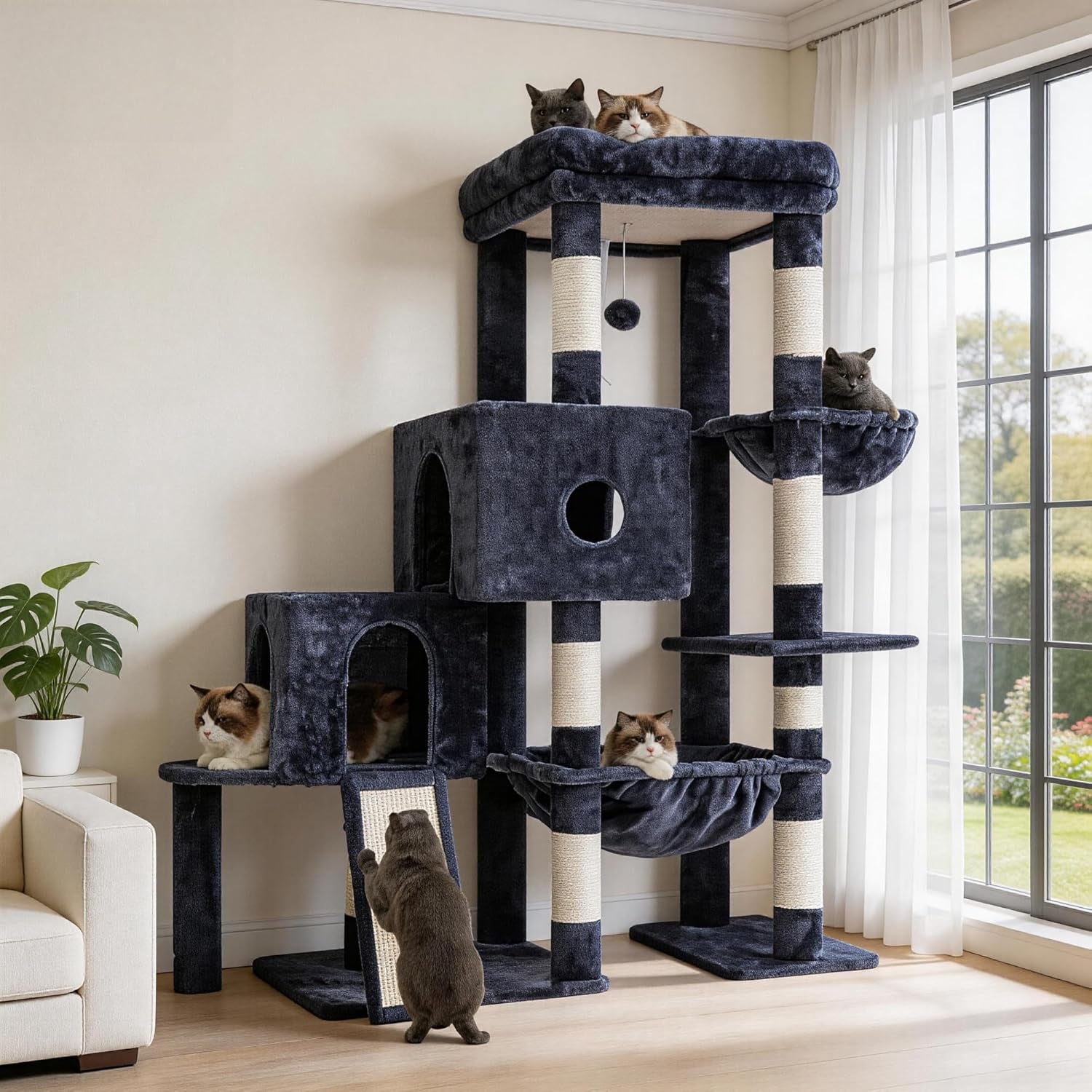 hey-brother-cat-tree-tower-with-3-condos-step-climbing-pathway-mpj081g-74-8-inches-scratching-post-with-3-house-hammock-large-basket-cozy-bed-sisal-board-toys-for-big-indoor-cats-smoky-gray