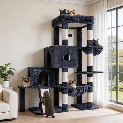 Hey-Brother Cat Tree Tower with 3 Condos, Step Climbing Pathway MPJ081G | 74.8 Inches Scratching Post with 3 House, Hammock, Large Basket, Cozy Bed, Sisal Board, Toys for Big Indoor Cats, Smoky Gray14