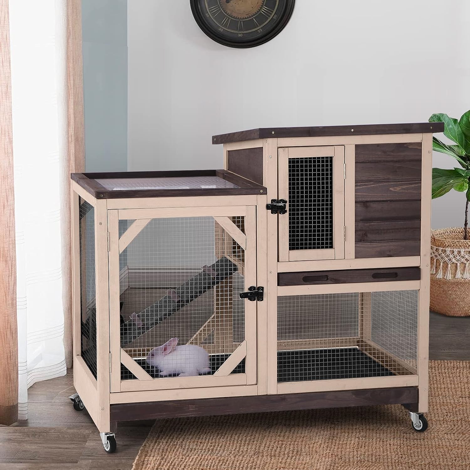 gutinneen-wooden-duplex-rabbit-cage-on-wheels-with-chew-proof-ramp-grey-4-mobile-swivel-casters-2-story-design-waterproof-rain-cover-5-access-doors-2-sliding-trays