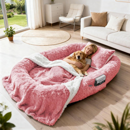 71" Human Dog Bed for Adult, Giant Orthopedic Memory Foam Dog Sofa Bed, Large Oversize Washable Faux Fur Pet Couch with Plump Pillow, Blanket, Strap - Dark Grey9