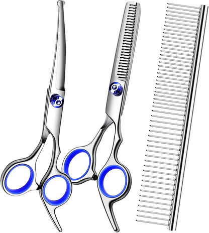 Dog Grooming Scissors Kit, Premium Stainless Steel Dog Shears with Curved Shears, Sharp Durable for Dogs Cats+Pink 3 Piece12