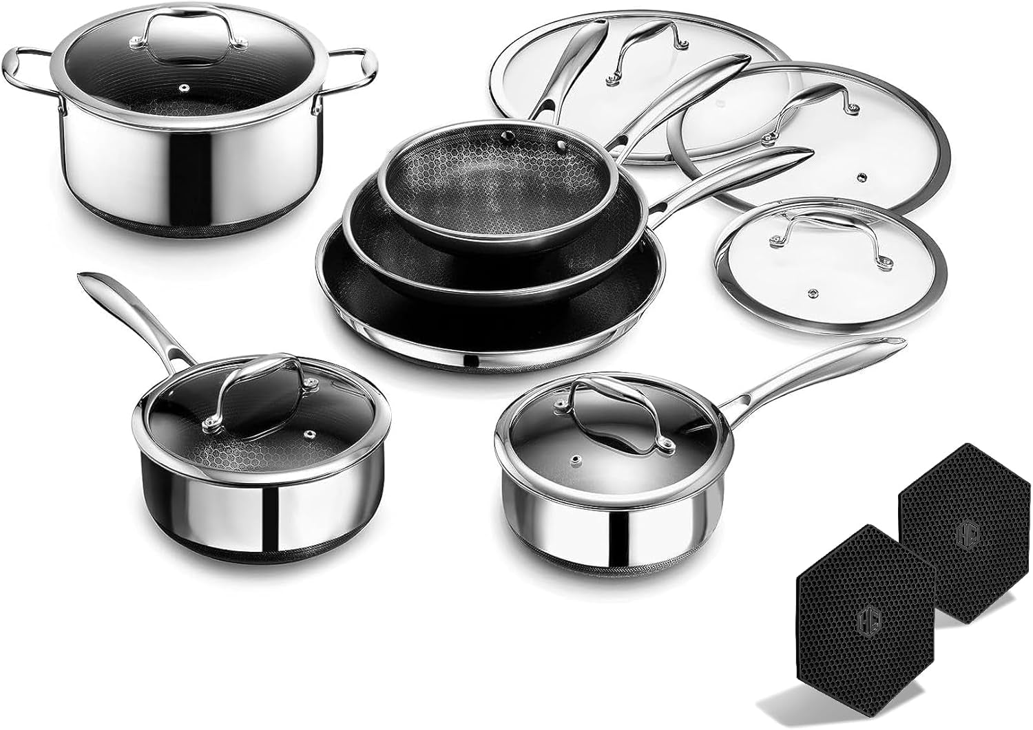 hexclad-hybrid-nonstick-14-piece-cookware-set-8-10-and-12-pans-with-lids-2-3-and-8qt-pots-with-lids-and-2-silicone-trivets-stay-cool-handles-dishwasher-and-oven-safe-induction-ready
