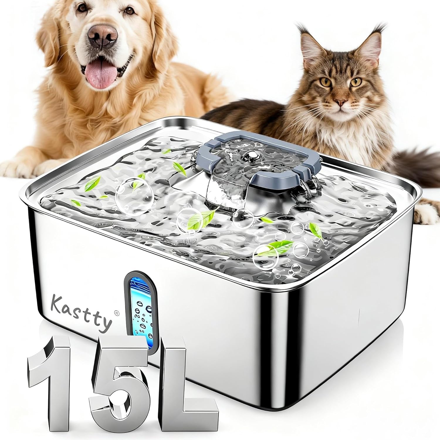 kastty-4-gal-15l-stainless-steel-dog-water-fountain-for-large-dogs-dog-water-bowl-dispenser-triple-filtration-ultra-quiet-automatic-pet-water-fountain-with-water-level-window-led-lightfs76