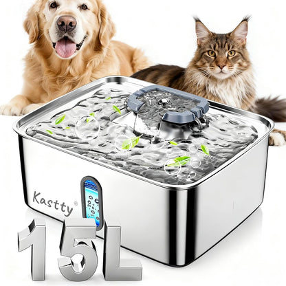 Kastty 4 Gal/15L Stainless Steel Dog Water Fountain for Large Dogs | Dog Water Bowl Dispenser Triple Filtration,Ultra Quiet Automatic Pet Water Fountain with Water Level Window&Led Light(Fs76)12