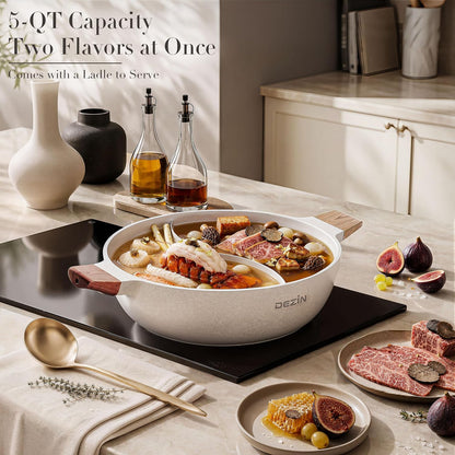 5-QT Hot Pot with Divider, Double-Flavor Shabu Shabu Pot, Divided Pot | Nonstick Granite Pot, 12"Divided Stockpot, Compatible with Induction Cooktop, Gas/Ceramic/Electric Stove, Soup Ladle Included6