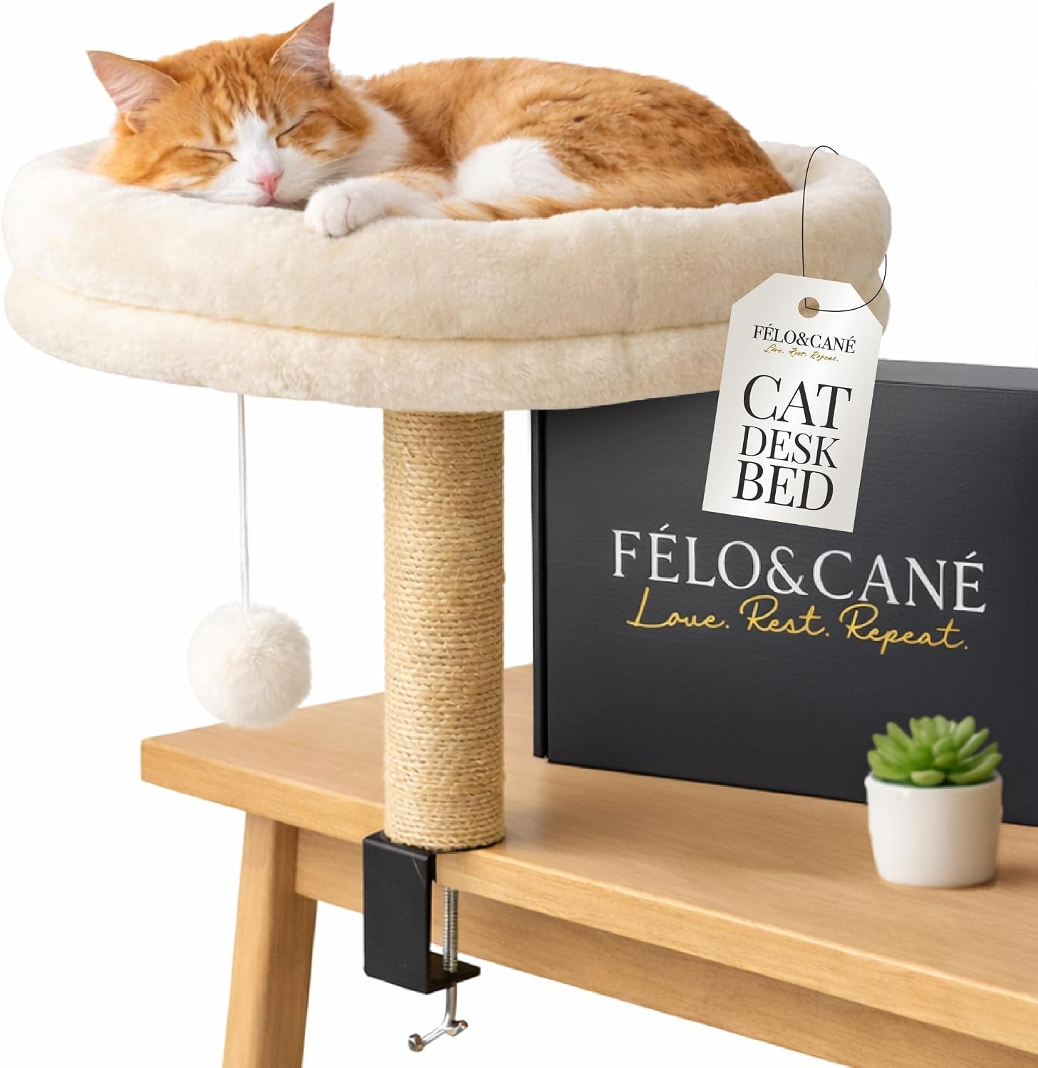 felo-cane-desk-cat-bed-with-scratching-post-toy-ball-space-saving-clamp-on-cat-hammock-for-desk-elevated-cat-perch-for-work-from-home-sturdy-metal-frame-soft-plush-cushion-up-to-11-lbs