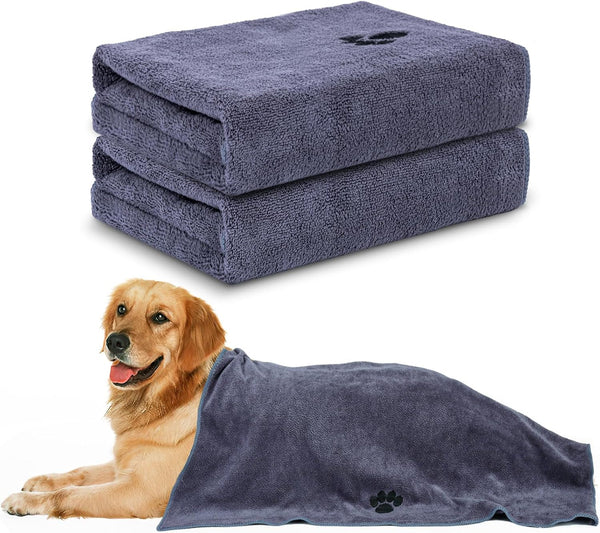 WOUSEDO Microfiber Dog Towels for Drying Dogs 2 Pack, 40'' X 23.6'' | Super Absorbent and Soft Pet Grooming Towel, Perfect Shower & Bath Supplies for Dogs(Grey)1