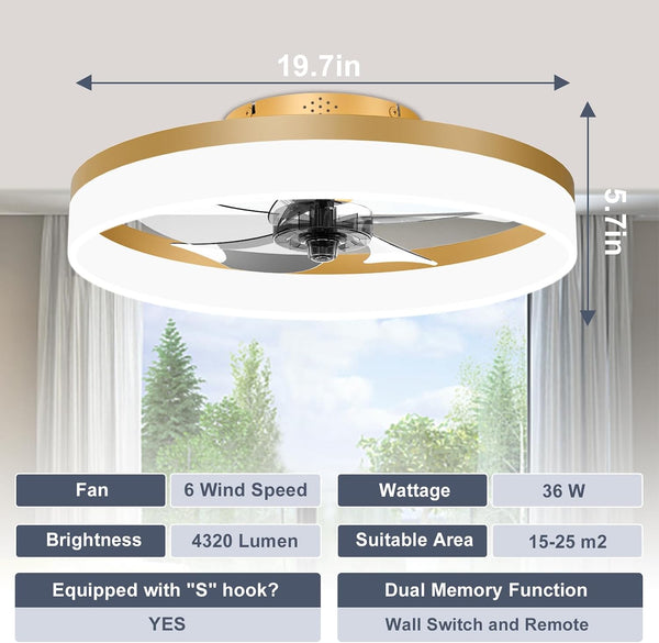 Low Profile Ceiling Fans with Lights and Remote, 19.7In Fandelier Ceiling Fan Flush Mount, 3000K-6500K Smart Bladeless LED Fan Light, Gold Modern Ceiling Fans with Lights for Bedroom7