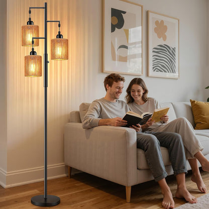 72" Boho Rattan Tree Floor Lamp, Tall Dimmable Industrial Standing Lamp, Corner Decor Accent Lighting for Living Room, Bedroom, Dining Room, Nursery, Cafe (3 X 800LM Bulbs Included) - Black7