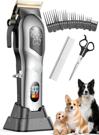 Dog Clippers for Grooming, Dog Grooming Kit for Heavy Thick Hair, Low Noise Cordless Pet Hair Trimmer with Stainless Steel Blade, Professional Rechargeable Hair Trimmer for Dogs and Cats Sliver1