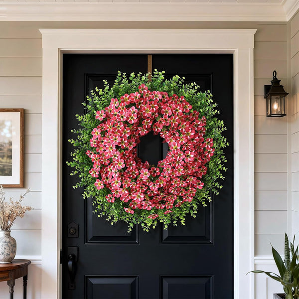 26" Artificial Eucalyptus with Flowers Wreath for Front Door (Rose Red) | Large Faux Eucalyptus & Morning Glory Flowers Wreath,Silk Flowers,For Home Front Porch Farmhouse Spring Summer Outdoor Decor2