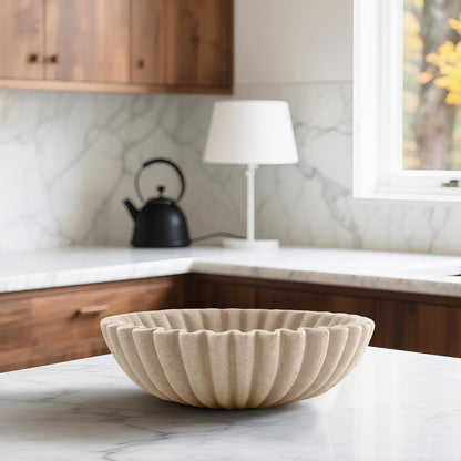 10'' Large Ruffle Decorative Fruit Bowl for Entryway Coffee Table Scalloped Purse Key Holder Kitchen Countertop Console Modern Organic Home Decor, Artificial Stone Beige6