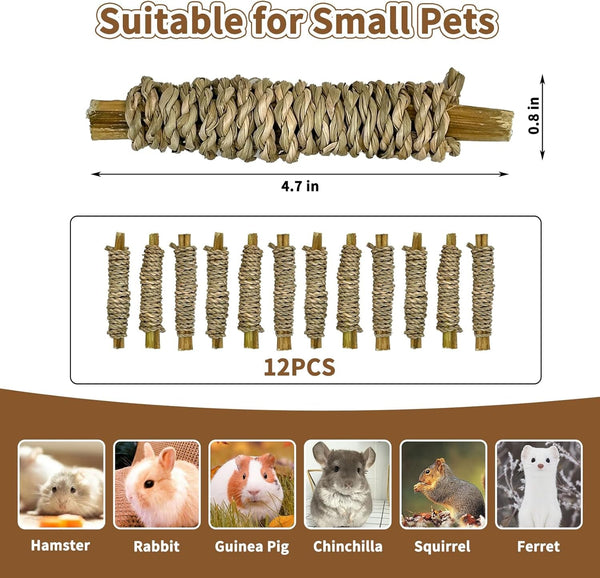Fhiny 12 PCS Rabbit Chew Sticks, Natural Papaya Wood Seagrass Guinea Pig Chew Toys for Teeth Small Animal Molar Sticks Snacks for Bunny Guinea Pig Chinchilla Ferret Hamster Gerbil Dental Care3