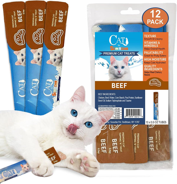 Scoochie Pet Cat Lick Treats, Chicken Salmon & Beef, 0.5Oz, 12 Pack | Variety Pack, Chicken, Salmon, Beef, Creamy Puree, No Chewing, Great for All Cats Especially Seniors11