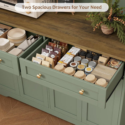 75" Kitchen Pantry Storage Cabinet, Coffee Bar Hutch Cabinet, Green | Tall Pantry Cabinet with Charging Station / Wide Countertop / Glass Doors / Wine Rack / Cup Holder / Drawers, Dining Room7