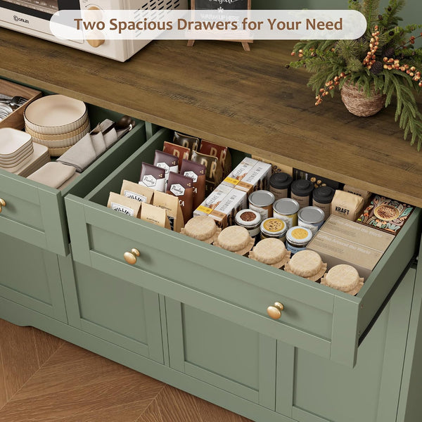 75" Kitchen Pantry Storage Cabinet, Coffee Bar Hutch Cabinet, Green | Tall Pantry Cabinet with Charging Station / Wide Countertop / Glass Doors / Wine Rack / Cup Holder / Drawers, Dining Room7