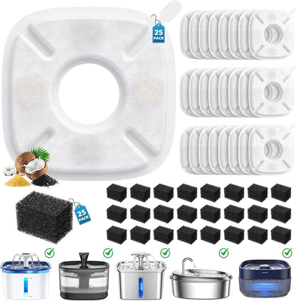 50 Pcs Cat Water Fountain Filters for Veken 95Oz 67Oz 135Oz Pet Fountain | Dog Water Fountain Automatic Dog Water Dispenser 25 Pcs Pet Fountain Filter Replacement & 25 Pcs Pre-Filter Sponges1