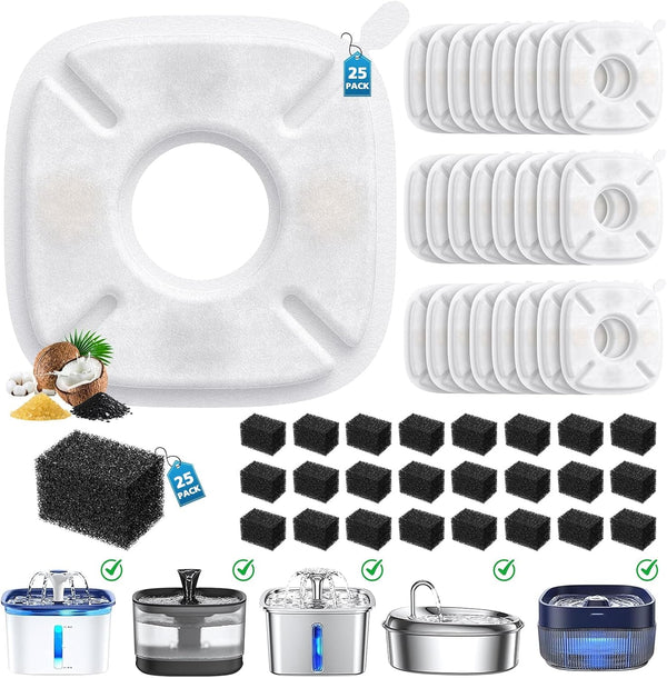 50 Pcs Cat Water Fountain Filters for Veken 95Oz 67Oz 135Oz Pet Fountain | Dog Water Fountain Automatic Dog Water Dispenser 25 Pcs Pet Fountain Filter Replacement & 25 Pcs Pre-Filter Sponges1