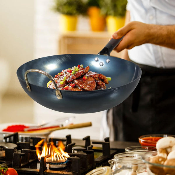 Carbon Steel Wok Iron Wok Frying Pan 32Cm Traditional Chinese Woks Cooking Pot Kitchen Frying Pan Wok Stir Fry Pan for Japanese Stir-Fry Grilling Frying Steaming Carbon Steel Pan7