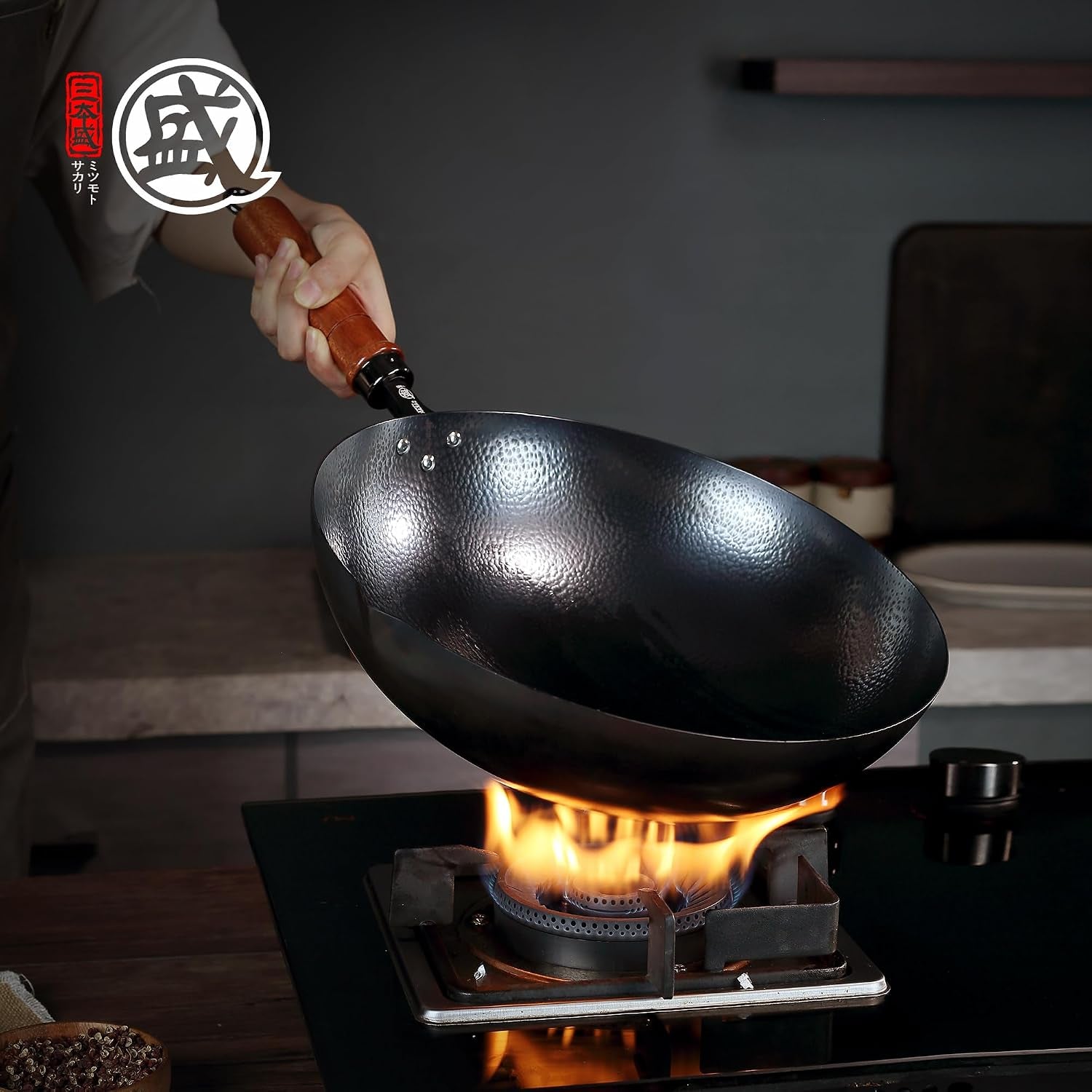 12-6-inch-hand-hammered-wrought-iron-wok-round-bottom-99-8-iron-content-4-1-inch-deep-bowl-seasoning-ready-surface-fish-scale-texture-grooved-sapele-handle