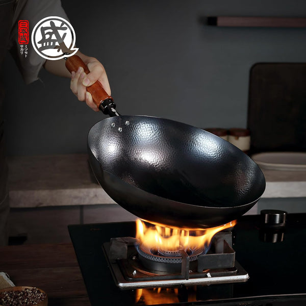 12.6-Inch Hand-Hammered Wrought Iron Wok, round Bottom | 99.8% Iron Content, 4.1-Inch Deep Bowl, Seasoning-Ready Surface, Fish-Scale Texture, Grooved Sapele Handle6