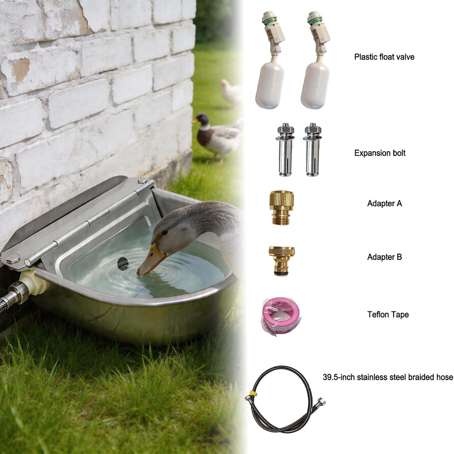automatic-water-bowl-304-stainless-steel-pet-water-dispenser-dog-feeder-waterer-for-large-dogs-with-40-inch-steel-hose-2-float-valve-copper-connector-adapter-2-bolts-with-drainage-hole