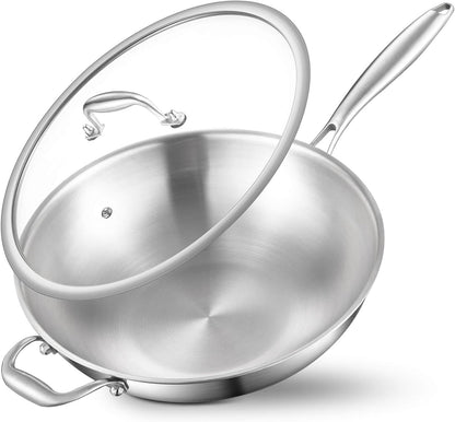 Woks & Stir-Fry Pans, 13 in Stainless Steel Pan with Lid, with Side Ear, Large Cooking Surface, Tri-Ply Stainless Steel Wok Pan, 3 Layer Stainless Steel Saute Pan, Works on Induction, 600℉1