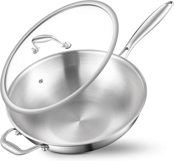 Woks & Stir-Fry Pans, 13 in Stainless Steel Pan with Lid, with Side Ear, Large Cooking Surface, Tri-Ply Stainless Steel Wok Pan, 3 Layer Stainless Steel Saute Pan, Works on Induction, 600℉1
