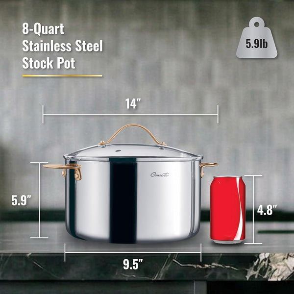 8 Quart Stock Pot, 3 Ply Whole Clad Stainless Steel Stock Pot, 8 QT Cooking Pot with Lid, Induction Pot for Cooking, 18/10 Stainless Steel Cookware Stockpots Oven, Gas and Dishwasher Safe9
