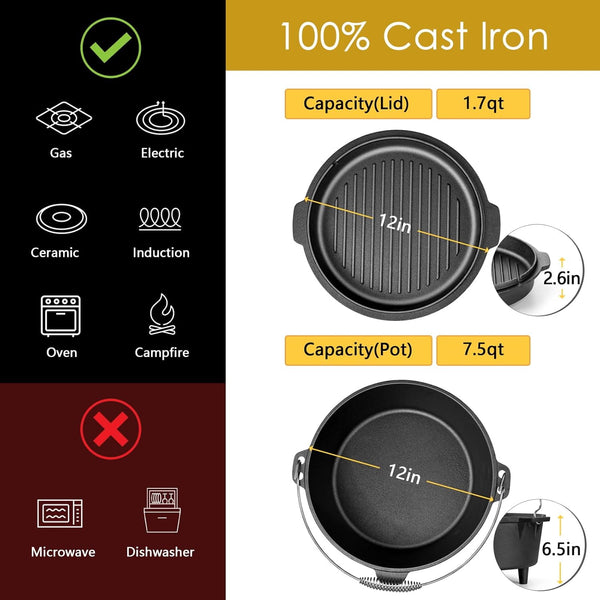 7 QT Cast Iron Dutch Oven, Large 2 in 1 Camp Pre-Seasoned Deep Pot & Lid Skillet Pan, Heavy Thick 7 Quart Multiple Cookware with Feet for Outdoor Camping Baking, Bracket and Lid Lifter2
