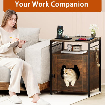 Large Cat Bed Nightstand with Charging Station, Cat Litter Box Furniture, End Side Table with Cat House3