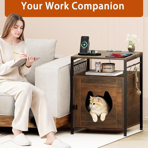 Large Cat Bed Nightstand with Charging Station, Cat Litter Box Furniture, End Side Table with Cat House3