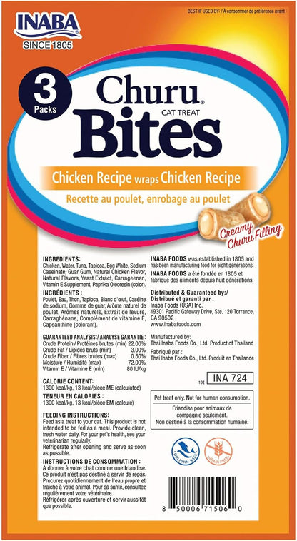 INABA Churu Bites for Cats, Soft/Chewy Baked Chicken Wrapped Churu Filled Cat Treats with Vitamin E, 0.35 Ounces per Tube, 24 Tubes Total (3 Tubes per Pack), Chicken Recipe8