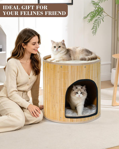 SYANDLVY Large Cat House, Kitten Condo with Bed for Indoor Cats, Portable ﻿ | 2-Tier Foldable Natural Bamboo Cave with Double-Sided Cushion, 15.5"X15.7" Washable Kitten Hideout6