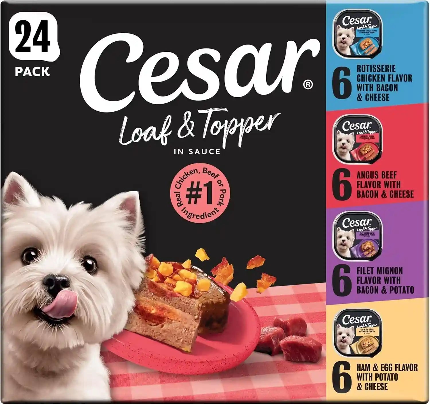 cesar-loaf-topper-wet-dog-food-variety-pack-3-5-oz-24-count-real-meat-1-ingredient-no-fillers-or-artificial-flavors-easy-to-digest-slow-cooked-tender-texture-easy-peel-trays