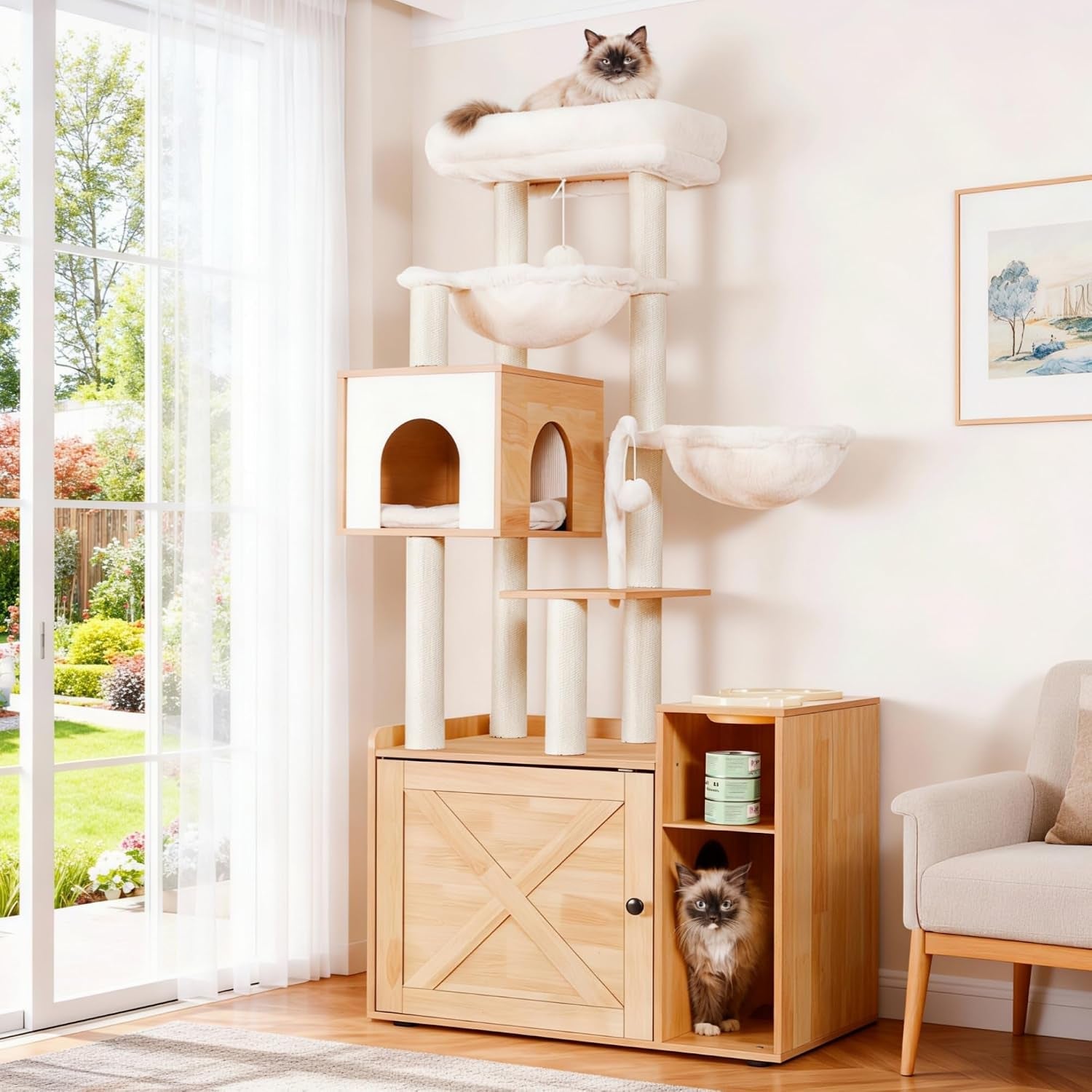 hey-brother-cat-tree-tower-food-station-xl-litter-box-enclosure-mpj101sg-48-81-inches-wooden-all-in-one-cat-furniture-large-hammock-bed-scratching-posts-big-basket-for-indoor-cats-rustic-gray