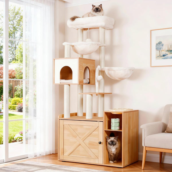 Hey-Brother Cat Tree Tower, Food Station, XL Litter Box Enclosure, MPJ101SG | 48.81 Inches Wooden All-In-One Cat Furniture, Large Hammock, Bed, Scratching Posts, Big Basket for Indoor Cats, Rustic Gray11