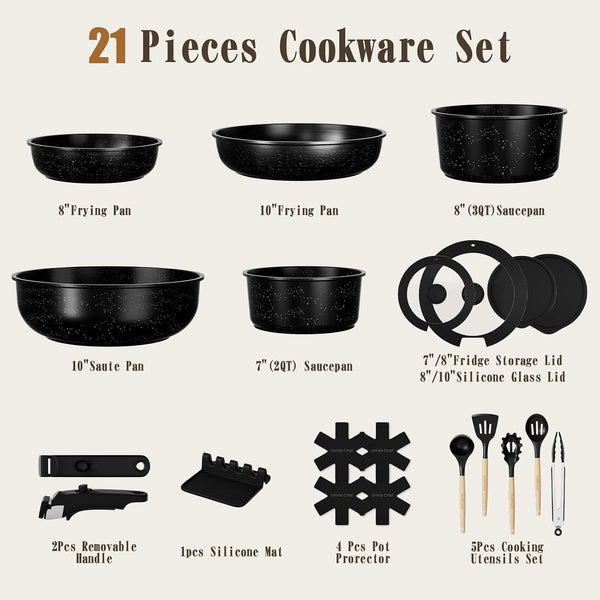 21Pcs Pots and Pans Set Non Stick, Nonstick Ceramic Cookware Sets Detachable Handle, Non Toxic Healthy Induction Cookware, Kitchen Cooking Set, with Frying Pans Set, Dishwasher/Oven Safe2