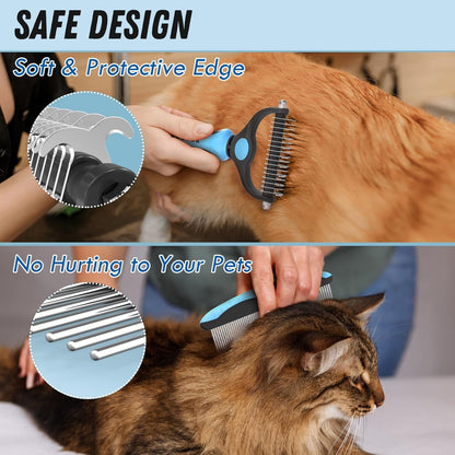 Docrok Pet Grooming Combo - Blue Deshedding Brush with Metal Comb for Detangling and Dematting Long, Matted Fur on Cats and Dogs4