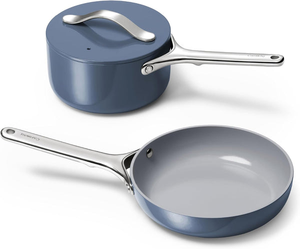 Caraway Non-Stick Ceramic Mini Cookware Set | Ceramic Fry Pan (1.05 Qt, 8") Sauce Pan (1.75 Qt) and Storage Rack, Non Toxic, PTFE & PFOA Free, Navy1