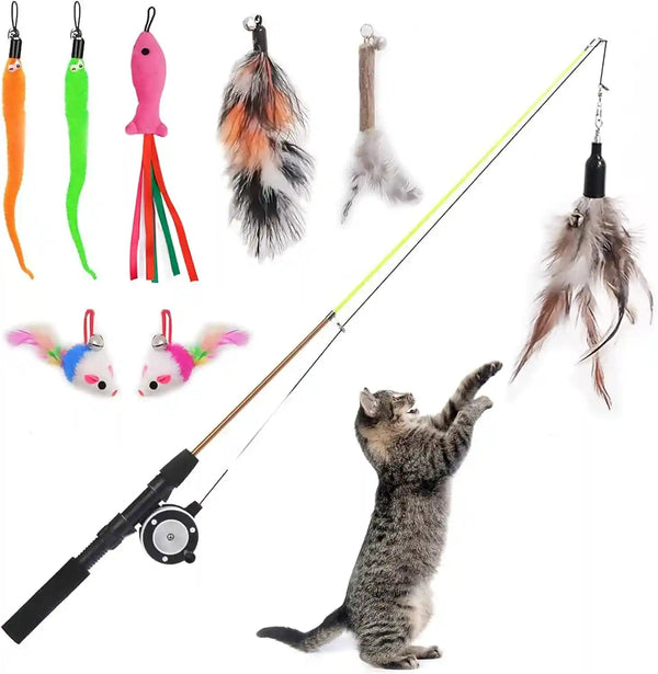 Retractable Cat Teaser Wand Toy, Cat Toys for Indoor Outdoor Cats Interactive Fishing Rod with 8 Pcs Refills Feather Toy, Plush Mouse Caterpillar & Fish1