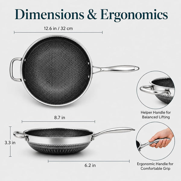 12.6 Inch Stainless Steel Honeycomb Wok Pan with Standing Glass Lid, Flat Bottom Stir Fry Pan for Induction, Gas & Electric Stoves, Physical Stick-Resistant Surface, Dishwasher Safe9