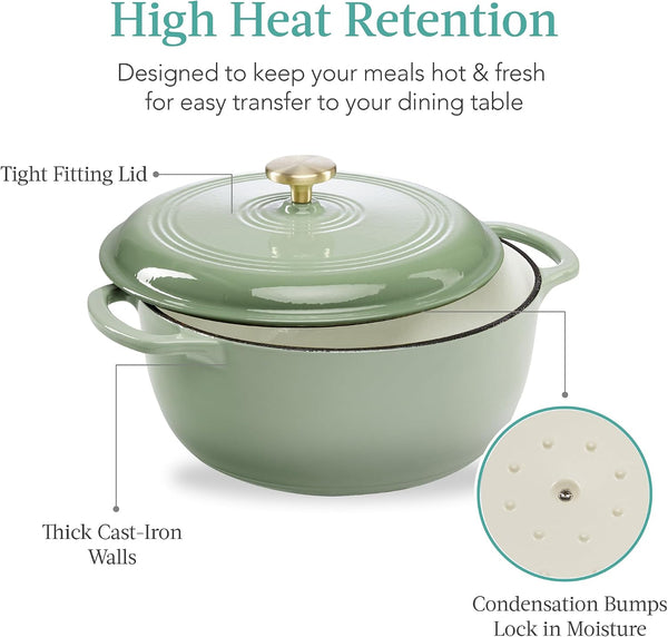 Best Choice Products 6 Quart Enamel Cast-Iron round Dutch Oven, Family Style Heavy-Duty Pre-Seasoned Cookware for Home, Kitchen, Dining Room, Oven Safe W/Lid, Dual Handles - Sage Green5