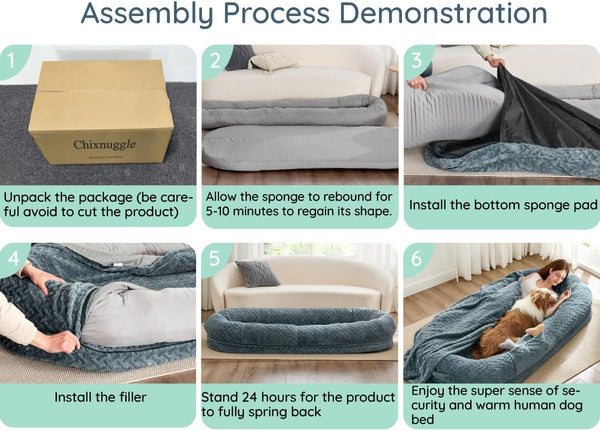 Chixnuggle Orthopedic Human Dog Bed,With Faux Fur Washable Cover,Blanket | Bluish Grey,72*40*10,Giant Dog Bed for Adult or Extra Large Dogs,Egg Crate Foam,Non-Slip Bottom7