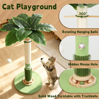Cat Scratching Post,37.5'' Tall Palm Tree Sisal Scratcher for Indoor Cats | Natural Sisal Stable Vertical Scratcher Tower Mouse Hole Toy Rotating Interactive Ball Self Groomer for Full Body Stretching3