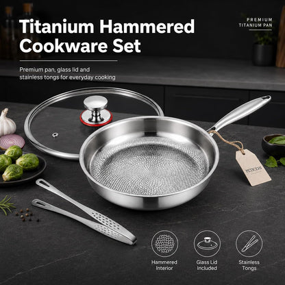10Inch Titanium Pro Pans for Cooking, Titanium Frying Pan with Lid | Uncoated Hammered Cookware, Pfas-Free & No Coating, Oven & Induction Safe, Scratch-Resistant, Even Heating, Dishwasher Safe8