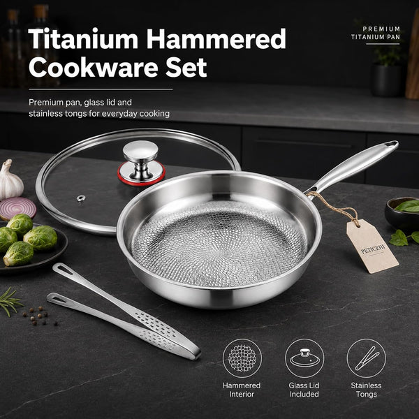 13Inch Titanium Pro Pans for Cooking, Titanium Frying Pan with Lid | Uncoated Hammered Cookware, Pfas-Free & No Coating, Oven & Induction Safe, Scratch-Resistant, Even Heating, Dishwasher Safe3
